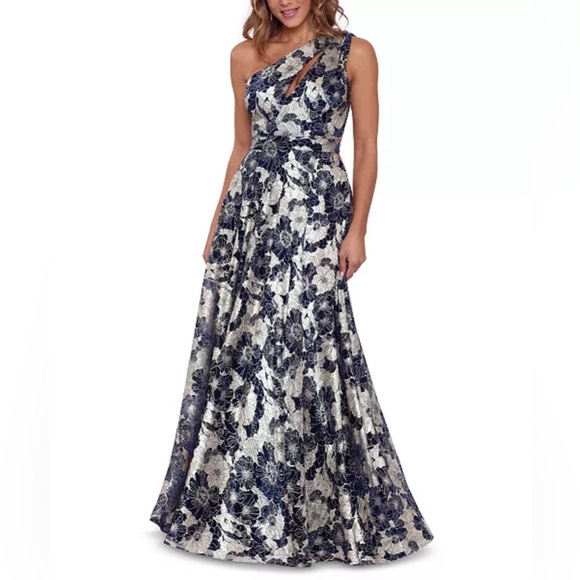 Betsy and Adam Metallic-Floral One-Shoulder Gown - Picture 1 of 4
